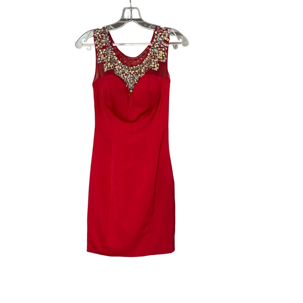 Hannah S Embellished Rhinestone Party Cocktail Mini Bodycon Dress Size 0 Red